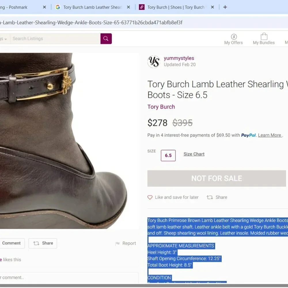 Tory Burch Primrose Lamb Leather Shearling Wedge Ankle Boots - Size 6.5